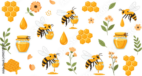 Cute Cartoon Bees Drinking Honey from Glass Jars with Honeycomb, Honey Drops, Flowers, and Leaves Sweet Beekeeping Vector Illustration Set