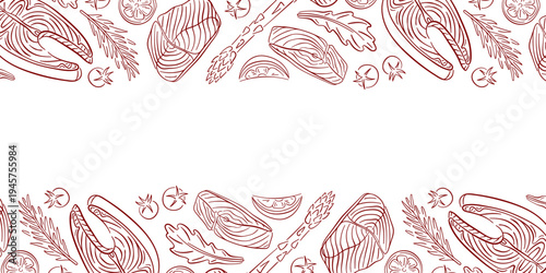 Border with salmon fish steak cuts, herbs, asparagus and spices. Line art illustration on white background for restaurant menu, banner branding, food packaging and culinary layout.