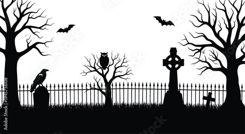 Halloween graveyard spooky silhouette set cad drawing flat vector illustration featuring cemetery graves trees bats owl and raven isolated on white.