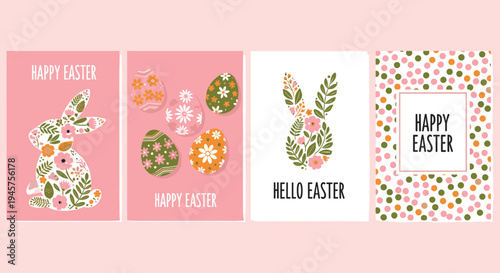 Happy Easter greeting card set cad drawing flat vector illustration featuring floral bunny rabbit decorated eggs and polka dot patterns isolated.