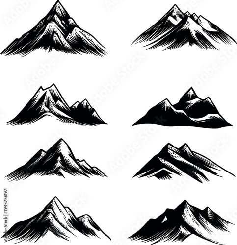 Hand Drawn Mountain Peaks Vector Set, Woodcut Style Alpine Ridge Icons for Outdoor Adventure Logos