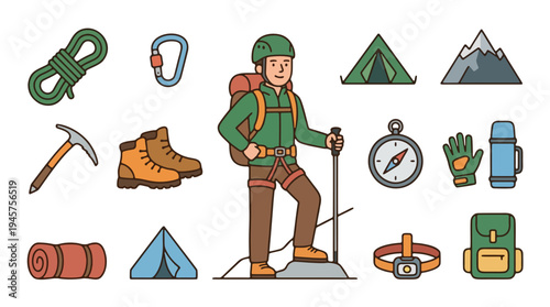 Man Hiking on Mountain Peak with Camping and Outdoor Adventure Icons