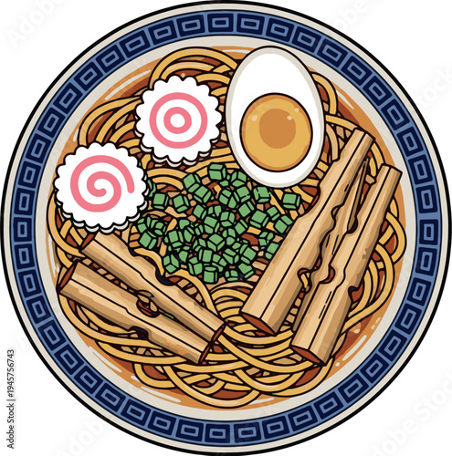 Ramen noodle soup with delicious savory broth sliced egg narutomaki fish cakes and fresh green onions in a decorative bowl