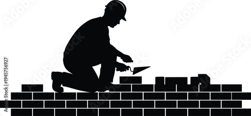 Bricklayer worker silhouette, construction mason laying bricks with trowel, industrial building labor concept, professional construction worker at brick wall vector illustration