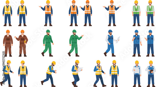 Construction worker characters set, engineers and builders wearing safety helmets and vests, industrial workforce performing different tasks vector illustrationConstruc