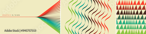 Wavy curved ribbons. Geometric pattern. Dynamic effect. Optical illusion. Background of many triangles or stripes. A beam of light is split into multiple rays. Threads or fibers. Color gradient.