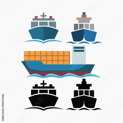 Cargo ships in different colors and styles on water container ship freight ship tanker vessel vector illustration isolated on white background