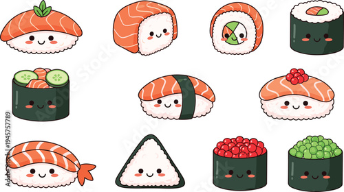  Cute kawaii sushi collection with salmon nigiri, maki rolls and onigiri rice balls, adorable Japanese food cartoon vector illustration set