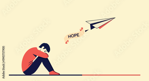 Depressed man sitting on floor with paper plane flying away carrying hope banner concept illustration