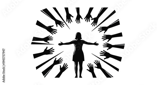 Individual surrounded by numerous reaching hands, symbolizing social pressure, help, or shared connection