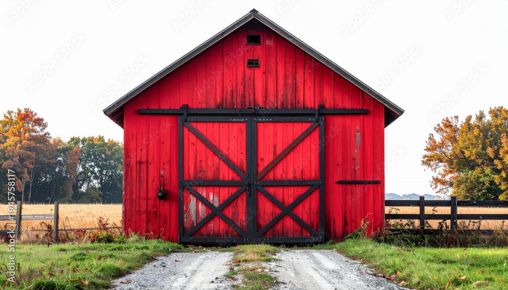 Obraz premium Vibrant Red Barn with Black Sliding Doors in Autumn Rural Landscape