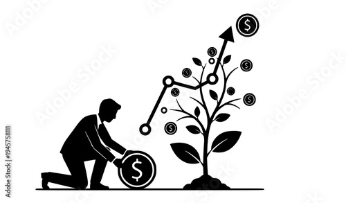 Businessman planting dollar coin next to growing money tree and rising financial graph