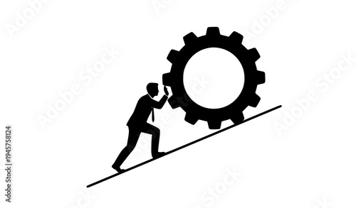 Businessman pushing gear up an incline symbolizing effort and overcoming challenges in business