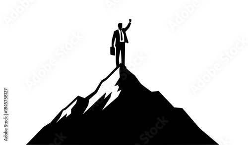 Businessman standing on top of mountain with raised arm symbolizing success and achievement
