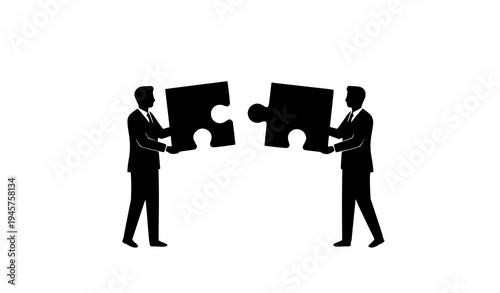 Two businessmen connecting puzzle pieces together representing teamwork partnership and collaboration