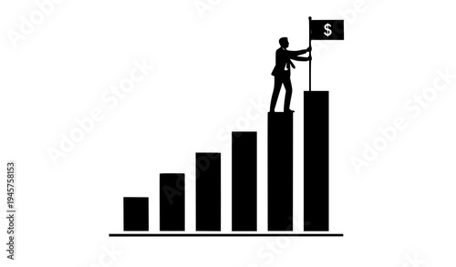 Businessman planting dollar flag on top of growing bar graph showing financial achievement