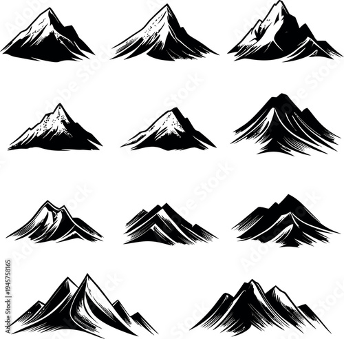 Collection of Minimalist Mountain Peak Vector Icons Hand Drawn Silhouette Illustrations for Design