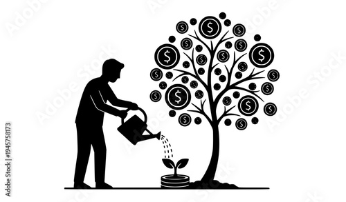 Man watering money tree with coins for growth and investment, savings and wealth concept