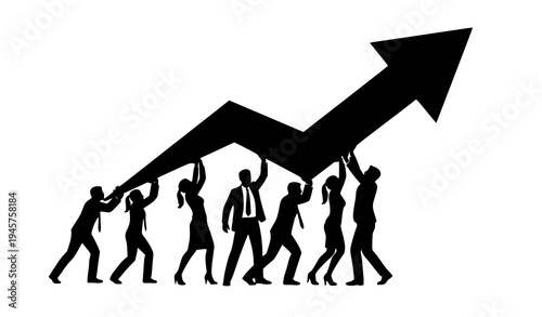 Business team lifting upward arrow symbolizing growth and success, collaboration and partnership