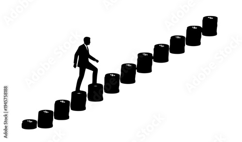 Man in suit walking up stairs made of coins symbolizing financial growth and investment, money climb