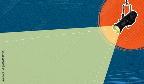 A trendy halftone pop art collage. Overhead projector for an advertising poster. Spotlight on a blue background. Black lamp with empty space. Vector.