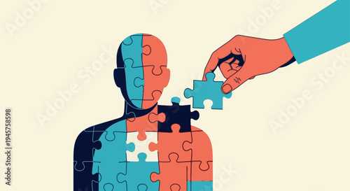 Hand putting missing puzzle piece into human silhouette, mental health and psychological support concept illustration