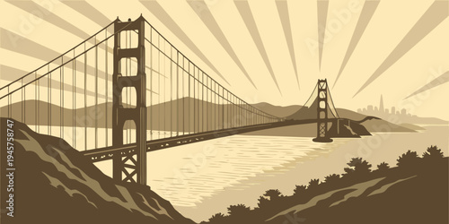 Golden Gate Bridge Foggy Sunrise Panorama – Iconic Red Suspension Bridge Over San Francisco Bay with Misty Morning Glow and Classic California Coastal Atmosphere