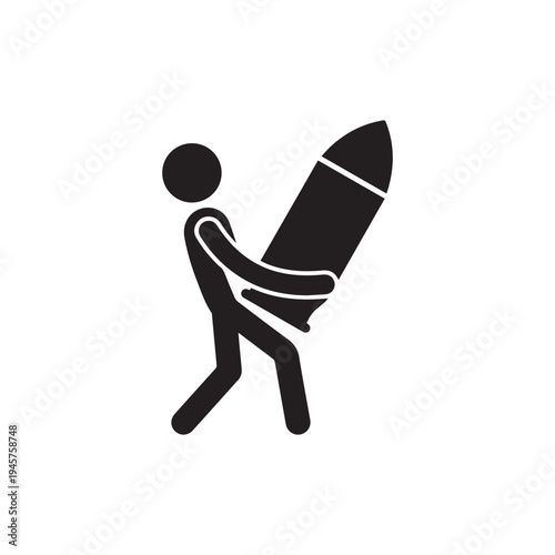 Man Holding Large Bullet Gun Ammunition Concept Icon.