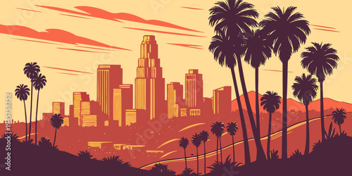 Los Angeles Skyline with Palm Trees at Sunset – Cinematic California Panorama with Golden Glow, Vibrant City Silhouette, and Iconic SoCal Atmosphere