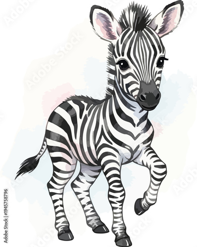 A cute baby zebra standing on a white background with a subtle shadow effect
