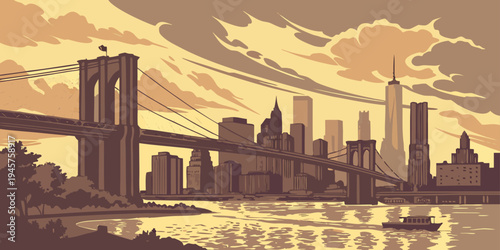 Brooklyn Bridge Golden Hour Skyline Panorama – Dramatic Clouds, East River Reflections, and Iconic Manhattan Views in a Classic New York City Sunset Scene