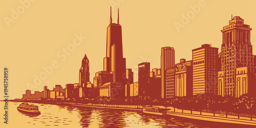 Chicago Skyline Over the River at Glowing Sunset – Panoramic Cityscape with Golden Reflections, Iconic Skyscrapers, and Vibrant Downtown Waterfront Views