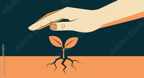 Hand protecting a small growing plant sprout, environment conservation and investment growth concept illustration