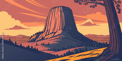 Devils Tower Mysterious Volcanic Rock Tower at Sunset – Dramatic Western Panorama with Golden‑Hour Skies, Majestic Monolith Silhouette, and Iconic Wyoming Landscape Views