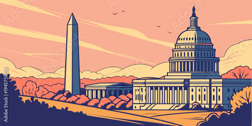 Washington, D.C. Monuments Skyline at Sunrise – Patriotic Travel‑Poster Style Panorama of the National Mall, Iconic Landmarks, and Golden‑Hour Views of America’s Capital City