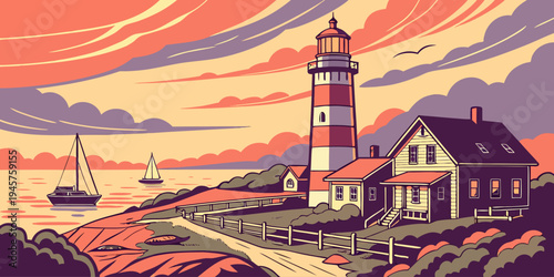 Cape Cod Classic Lighthouse and Coastal Village at Sunset – Scenic New England Panorama with Pastel Skies, Charming Atlantic Waterfront Views, and Iconic Massachusetts Maritime Beauty