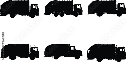 A diverse array of six garbage truck silhouettes, presenting various designs of waste collection vehicles, indispensable for modern urban sanitation and sustainable environmental practices.