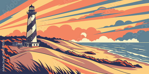 Outer Banks Lighthouse at Sunrise – Ocean Dunes Panorama on the North Carolina Coast, Serene Atlantic Seascape and Scenic Morning Light Over Historic Maritime Landmarks
