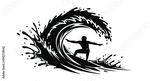Surfer Riding a Big Wave with Splashing Water during a Stormy Day