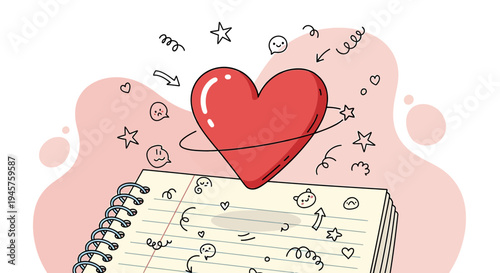 Red Heart Icon Over Notebook with Doodle Art and Swirls, Love Concept