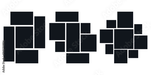 Mood board or photo collage template set. Black mosaic art grid arrangement. Picture frame composition portfolio collection. Wall gallery layout design for presentation, poster, mockup, banner. Vector