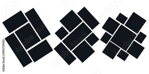 Mood board or photo collage template set. Black mosaic art grid arrangement. Picture frame composition portfolio collection. Wall gallery layout design for presentation, poster, mockup, banner. Vector