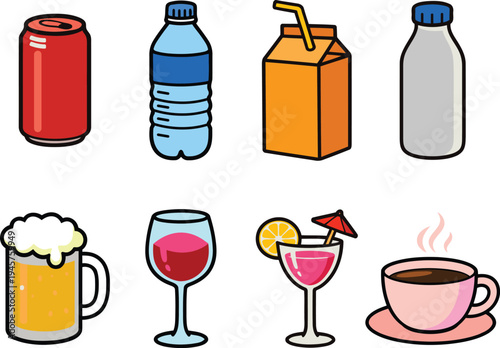 Vector illustration of a celebratory drinks set featuring glass bottles and icons of wine, beer, champagne, and cocktails for a restaurant bar menu