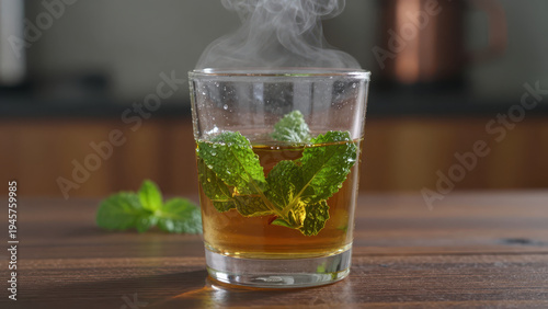 Steaming Glass of Herbal Tea with Fresh Mint Leaves Floating in Amber Liquid on Rustic Wooden Table, Closeup Natural Beverage Shot