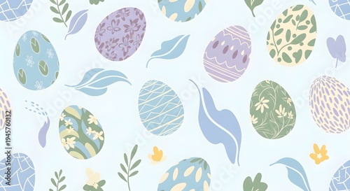 Seamless Pattern of Decorated Easter Eggs and Floral Sprigs on Light Blue