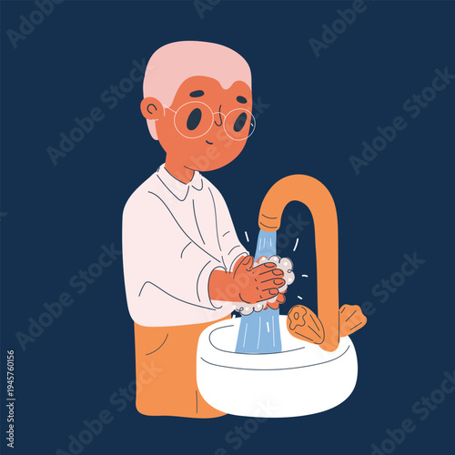 Cartoon vector illustration of a boy washing his hands, promoting hygiene, cleanliness, or healthy habits