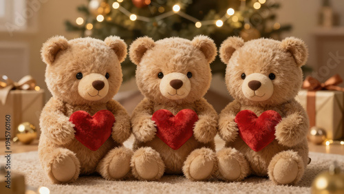 Three Adorable Fluffy Teddy Bears Holding Red Hearts Sitting on Carpet in Front of Decorated Christmas Tree with Presents and Warm Holiday Lights