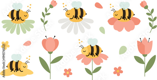 Cute Cartoon Bees Sleeping on Colorful Flowers with Leaves, Petals, and Spring Garden Elements Peaceful Nature Vector Illustration Set