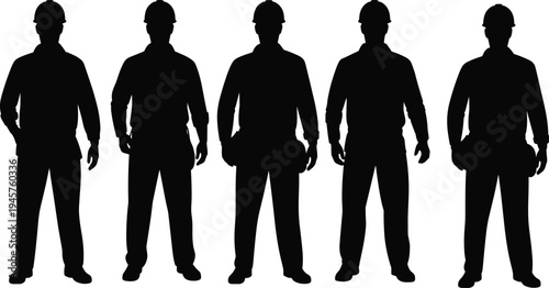 Construction worker silhouettes lineup, professional builders wearing safety helmets and work gear, industrial labor workforce concept, engineering team vector illustration
