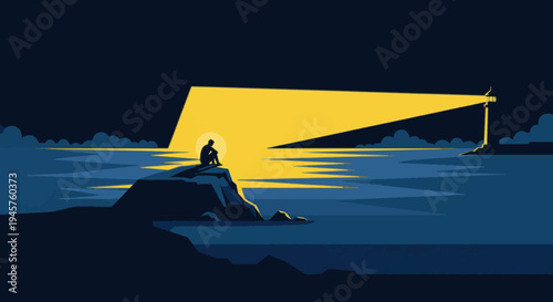 Lighthouse Beam Shining on a Lonely Person Sitting on a Rock, Concept of Hope Guidance Support and Mental Health Recovery